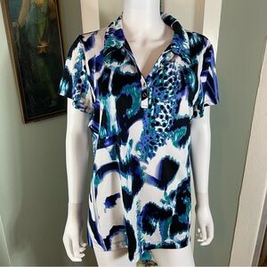 Chicos Sz 2 Zenergy Golf Abstract Polo Shirt Blue Women's Animal Print Blue